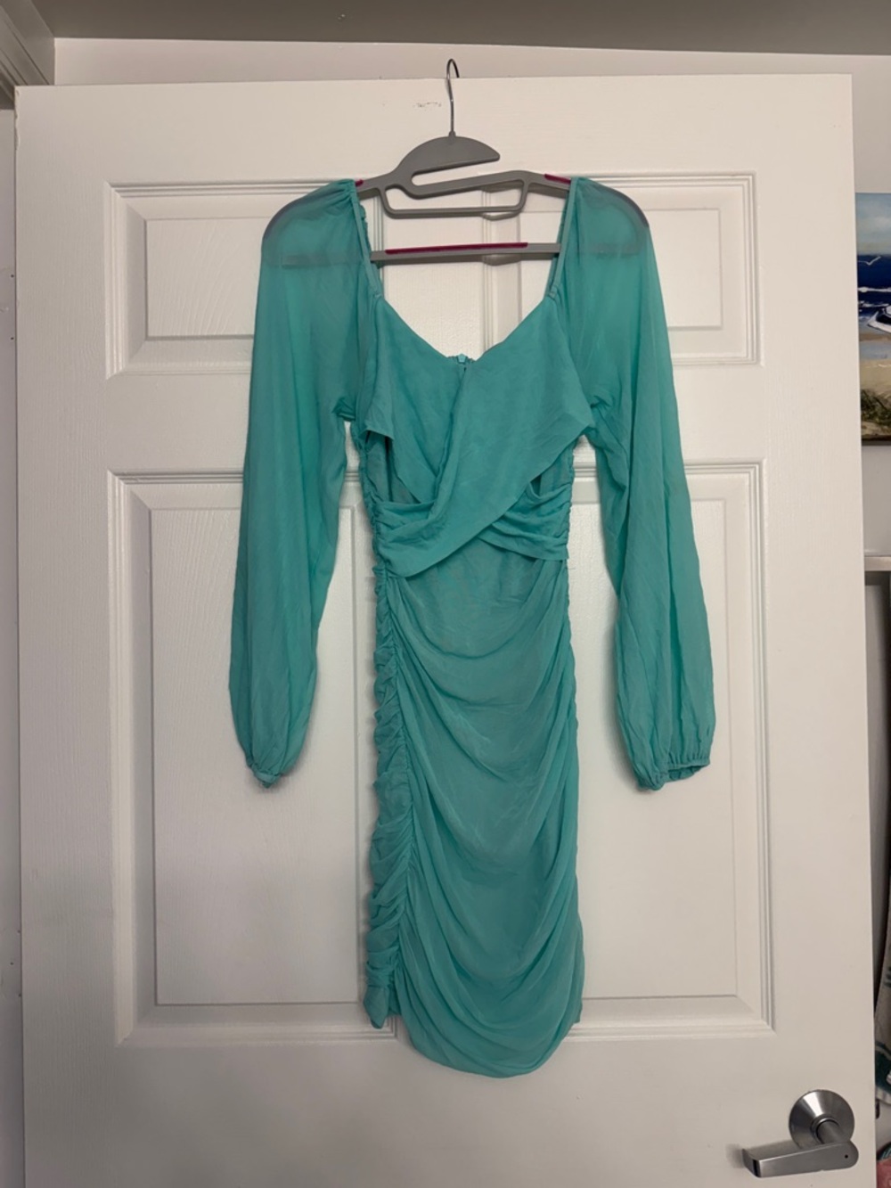 Teal Ruched Long-Sleeve Sheer Dress
